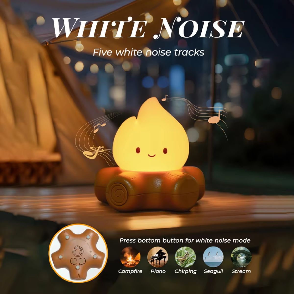 Cozy Campfire Night Light with White Noise